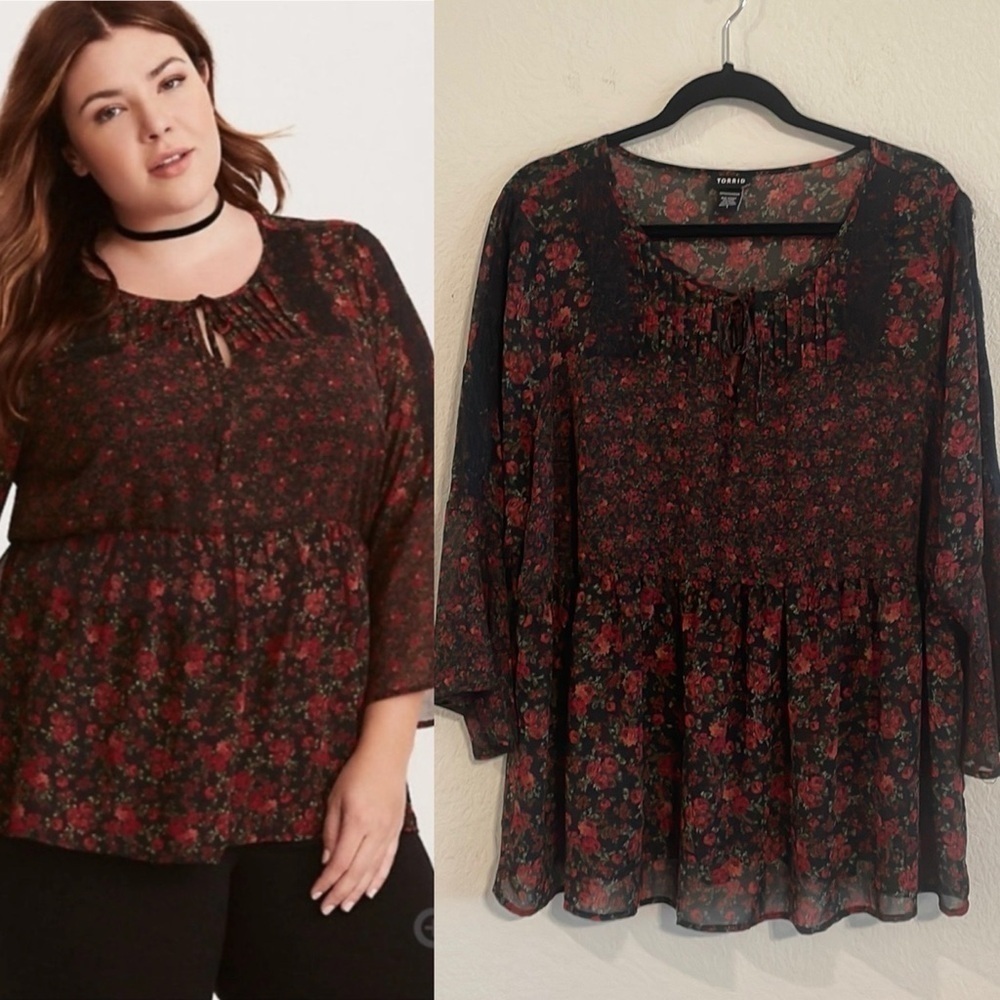 Torrid Women’s Tunic Top 1X Red & Black Ditsy Floral Semi Sheer Babydoll Lace